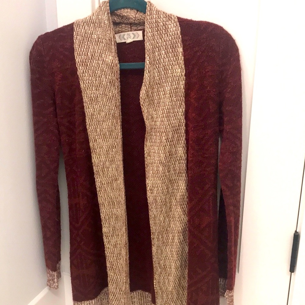 PinkRose, maroon cardigan